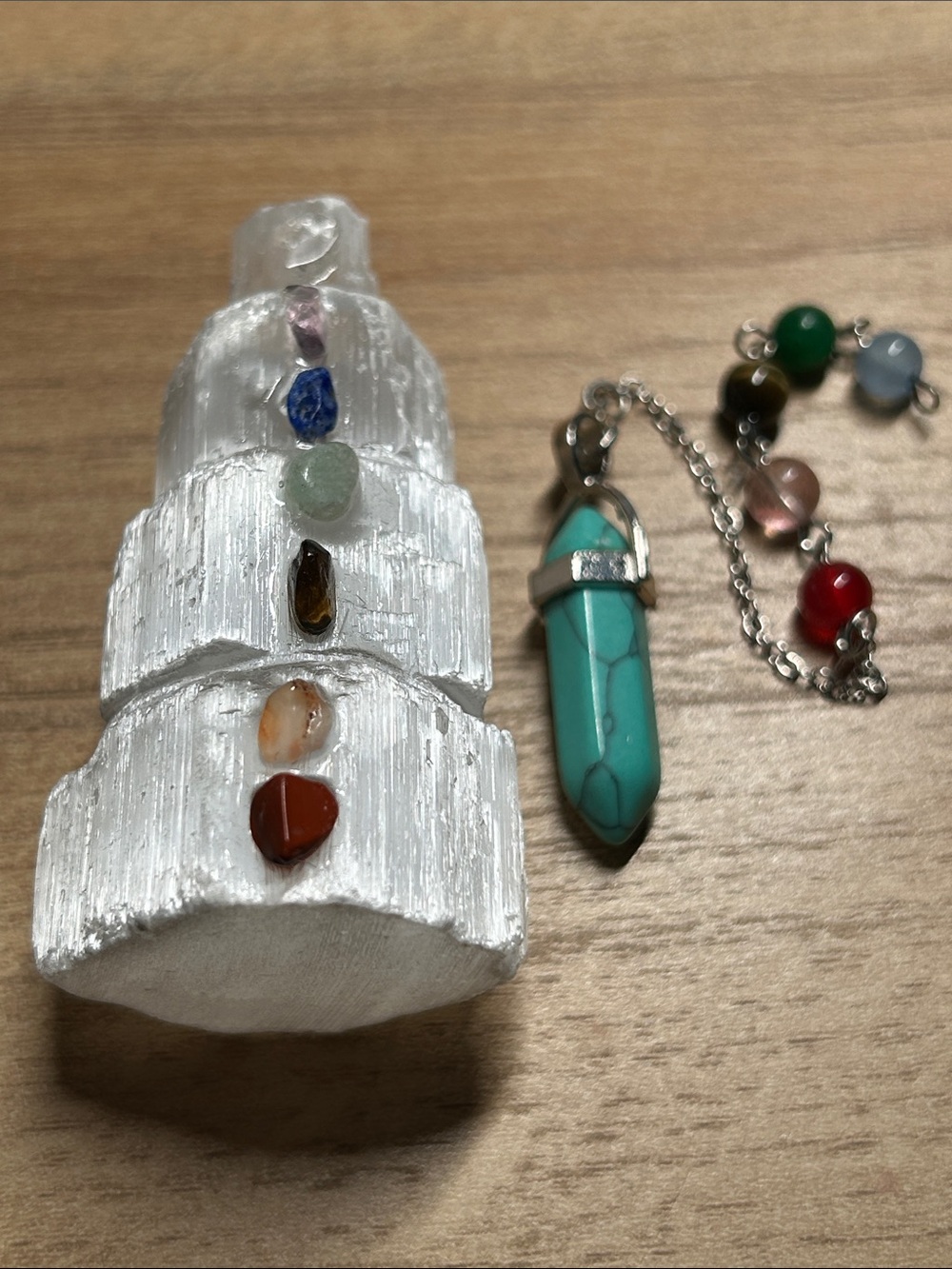 Selenite Crystal Tower with Seven Chakra Gemstones and blue charm. - Picture 2 of 3